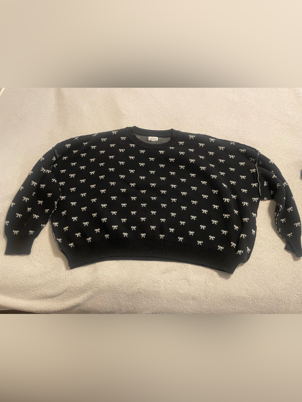Chicsoul oversized Black Crewneck Sweater with White Bow Pattern 2X fall winter